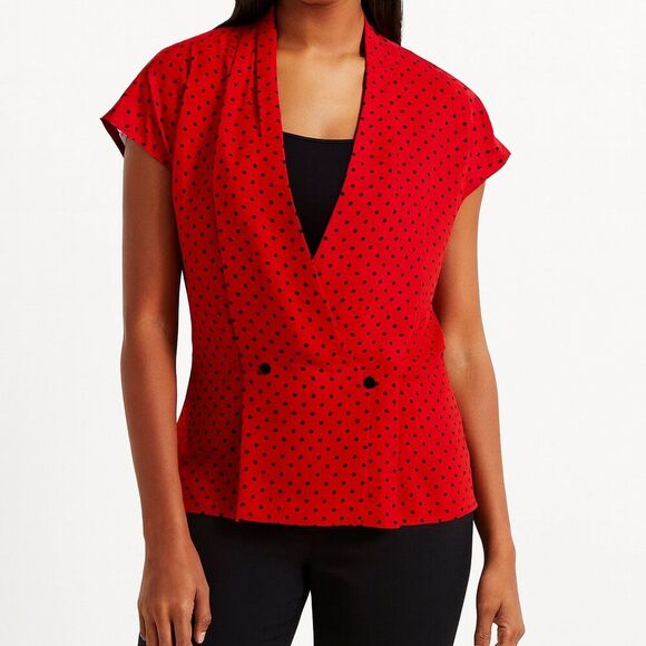 Chaus Tops - Chaus Red Black Polka Dot Blouse Size 10 Deep V Button Front Elastic Waist Sz 10